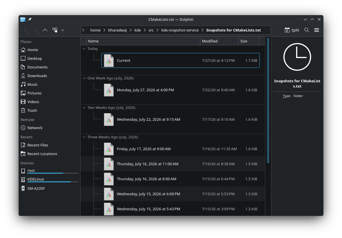 Screenshot showing the filesnapshots KIO worker, listing the versions of a file