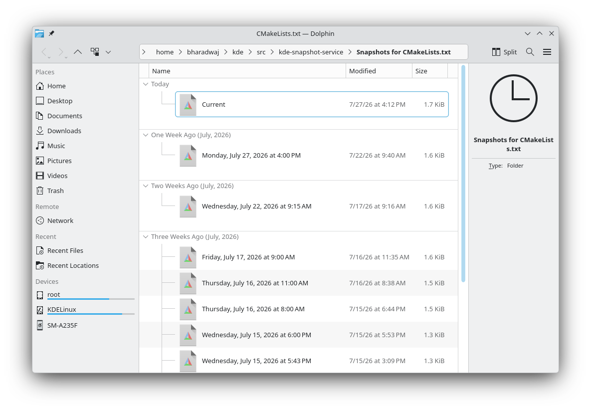 Screenshot showing the filesnapshots KIO worker, listing the versions of a file