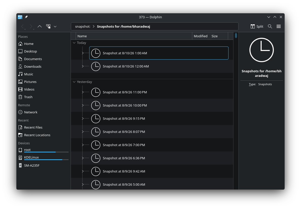 Screenshot showing the snapshot KIO worker, listing the snapshots of a subvolume